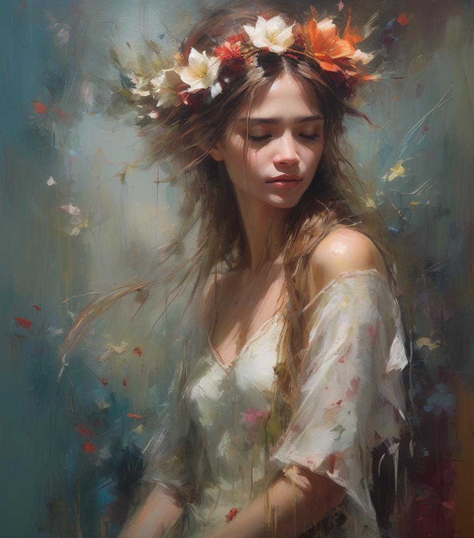  hyperrealistic art ((amazing quality, award winning, intricately detailed, ultra realistic, extremely detailed 8k)), ((oil painting by henry asencio)) portrait of fairy, floral headband, faded art . extremely high resolution details, photographic, realism pushed to extreme, fine texture, incredibly lifelike