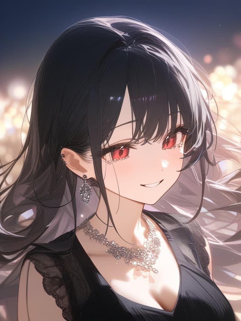  long hair, black hair, hair tips are pink, red eyes, hanging eyes, bangs lengths, smiles, adults, adult faces, piercings, necklaces, black lace clothes, thin makeup, night view, crying smile, hair is pale pink and black, tears, masterpiece, best quality,8k,ultra detailed,high resolution,an extremely delicate and beautiful,hyper detail