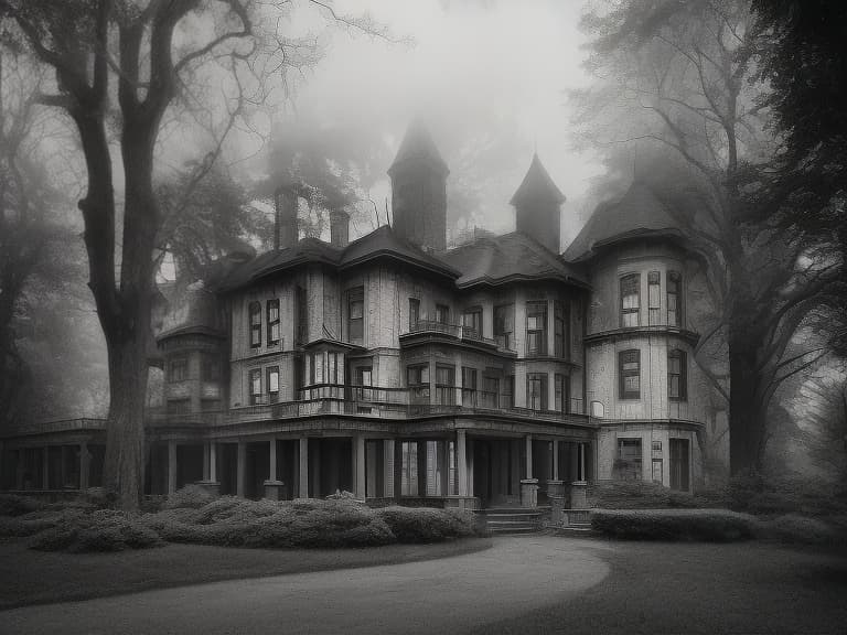 dvarchmodern dark realism, a huge mansion surrounded by woods, fog, it rains, (noir), black and white , detective , crime , mystery