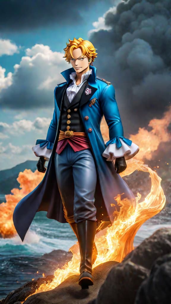  anime art: sabo from one piece, a noble child turned revolutionary leader, wields the mera mera no mi. hyperrealistic, full body, detailed clothing, highly detailed, cinematic lighting, stunningly beautiful, intricate, sharp focus, f/1. 8, 85mm, (centered image composition), (professionally color graded), ((bright soft diffused light)), volumetric fog, trending on instagram, trending on tumblr, HDR 4K, 8K