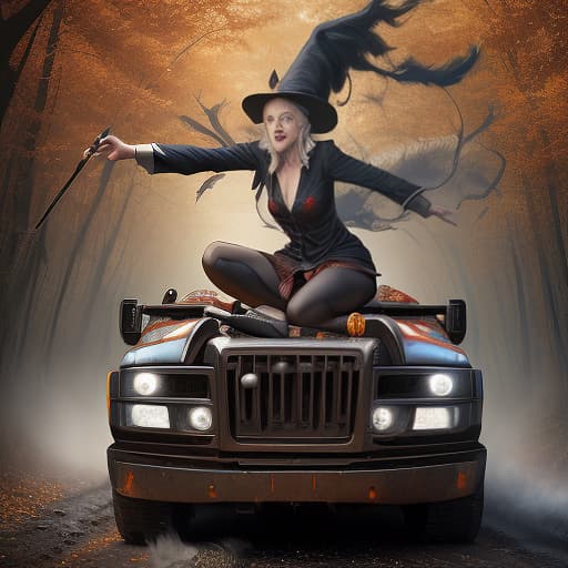  advertising poster of a computer game, flying crazy witch with the face of charlie sterone on a truck waving a magic wand, dirty forest road , fall, magic , photorealistic, 4k, adventurous , wild , captivating , by david yarrow, nick brandt, art wolfe, paul nicklen, joel sartore