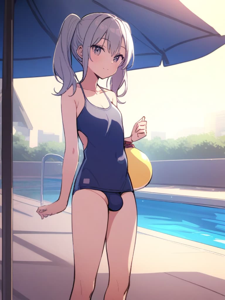  women's elementary students (male), twin tails, cute smiles, (rich s), low stature, dark blue swimwear, old swimwear, , simple (upward), male , (bulge), shaped clear , front , whole body, pool side,