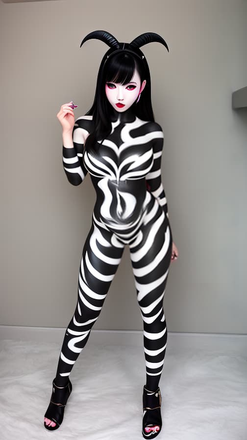  Black and White flame pattern body paint in every corner of the whole body, G rey body paint full body,G rey face paint on the face, two succubus sisters, full body image 女性