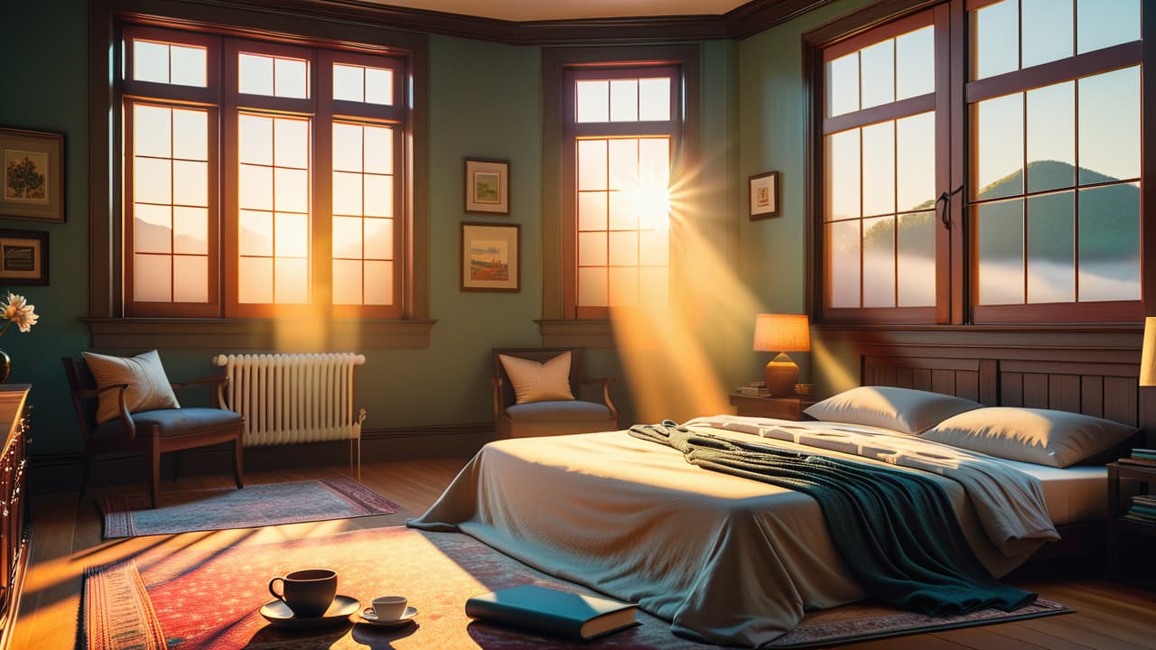  a serene sunrise over a peaceful bedroom, featuring a cozy bed with soft linens, a journal and pen on a bedside table, a steaming cup of tea, and a yoga mat rolled out on a sunlit floor. hyperrealistic, full body, detailed clothing, highly detailed, cinematic lighting, stunningly beautiful, intricate, sharp focus, f/1. 8, 85mm, (centered image composition), (professionally color graded), ((bright soft diffused light)), volumetric fog, trending on instagram, trending on tumblr, HDR 4K, 8K