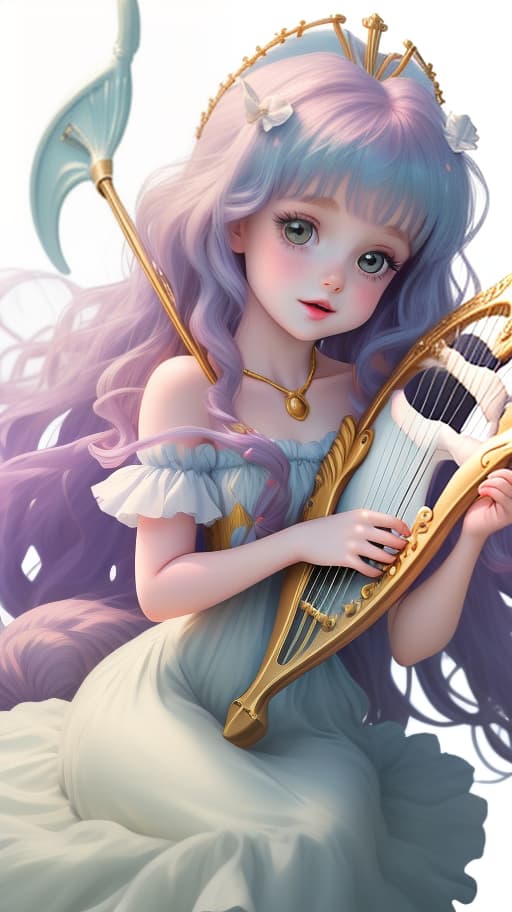  little mermaid girl, singing, sweet, tender face, holding a lyre in her hands, white background