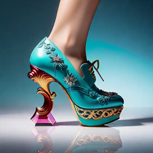  Create a photorealistic digital illustration of a women’s shoe with balanced parts, ornate soles, 8 centimetre height platform heel, and covered in soft, luxurious textured materials. The art style should blend elements of Irregular Choice and Osamu Tezuka hyperrealistic, full body, detailed clothing, highly detailed, cinematic lighting, stunningly beautiful, intricate, sharp focus, f/1. 8, 85mm, (centered image composition), (professionally color graded), ((bright soft diffused light)), volumetric fog, trending on instagram, trending on tumblr, HDR 4K, 8K