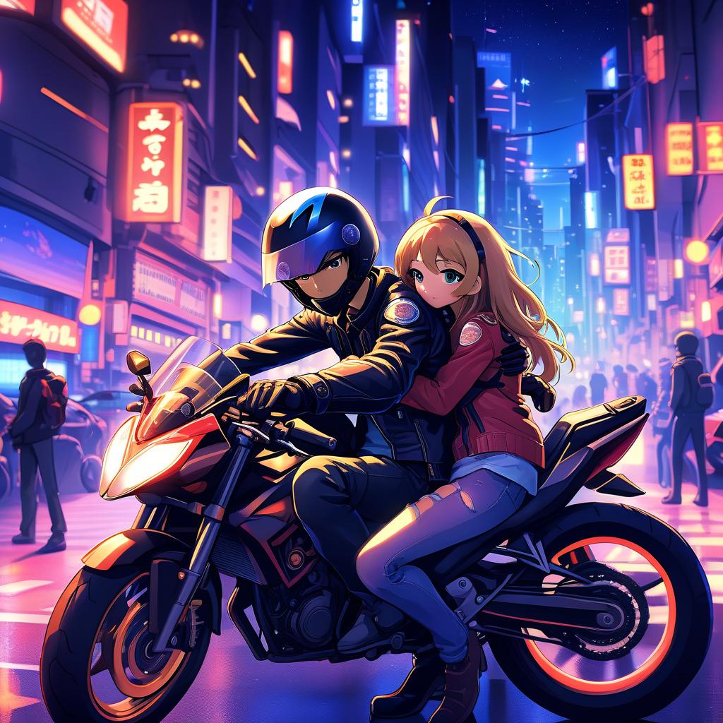  anime artwork at the wheel of a motorcycle sits a guy in a motorcycle helmet, and behind him sits a girl and hugs this guy, amid the night lights of the city . anime style, key visual, vibrant, studio anime, highly detailed