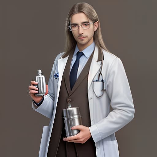  a guy of european appearance with light brown eyes. no stubble. he has silver long hair and wears light rimmed glasses. he's wearing a medical coat. holds a medical flask in his hand