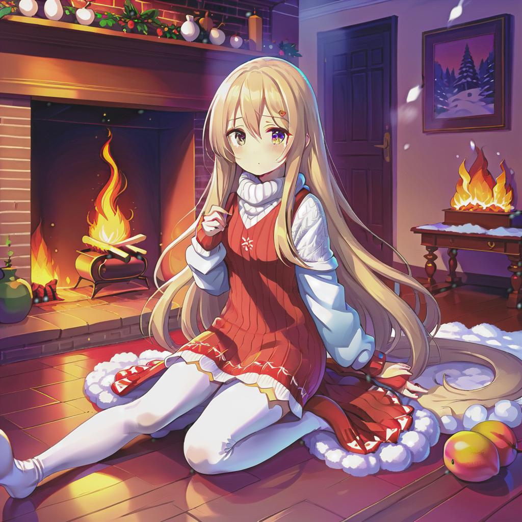  anime artwork kawai girl, mango, anime, sits in a room on the floor near the fireplace with a fire, she is wearing a knitted dress and high white leggings, long hair, in the background you can see in the window as it snows . anime style, key visual, vibrant, studio anime, highly detailed