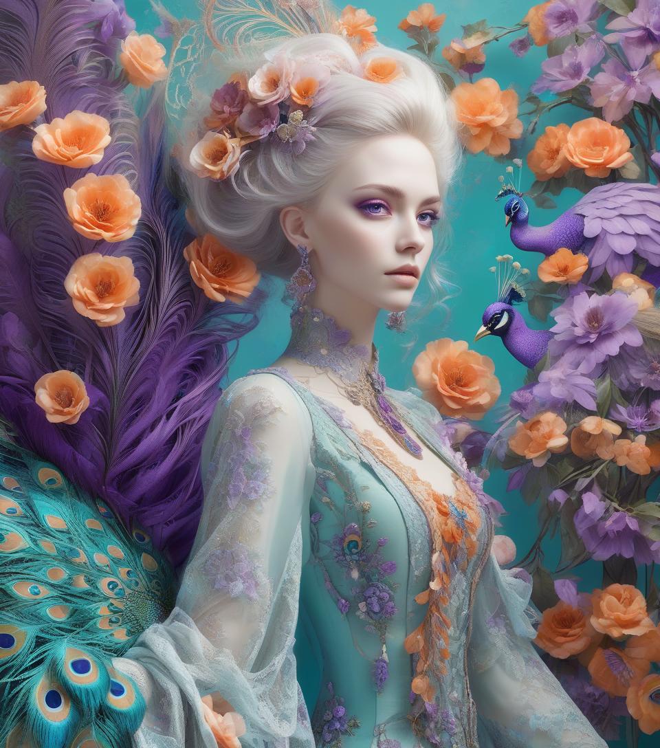  <mymodel>dynamic composition of a pale skinned woman with hair of flowers and peacock plummage of aqua, orange and purplepurple, ornate details,lacey clothes, facial closeup