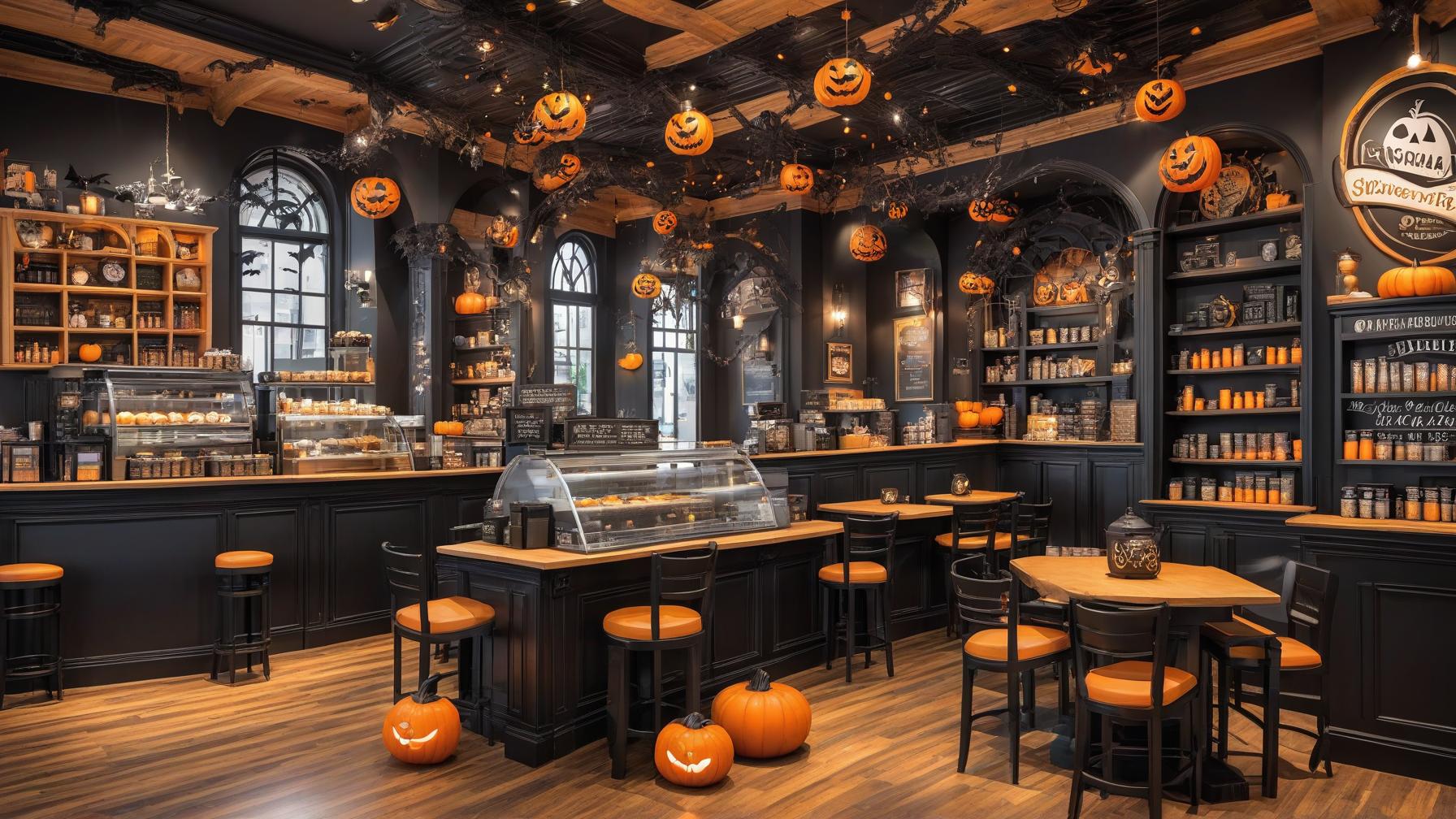  city coffee shop with decorations for halloween, award winning, professional, highly detailed, masterpiece