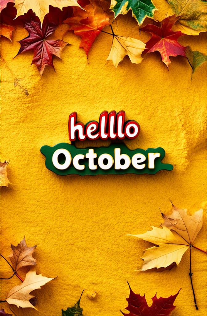  letters "hello october" on autumn background. warm atmosphere, warm colors, bright autumn ar 2:3 {prompt}, maximum details