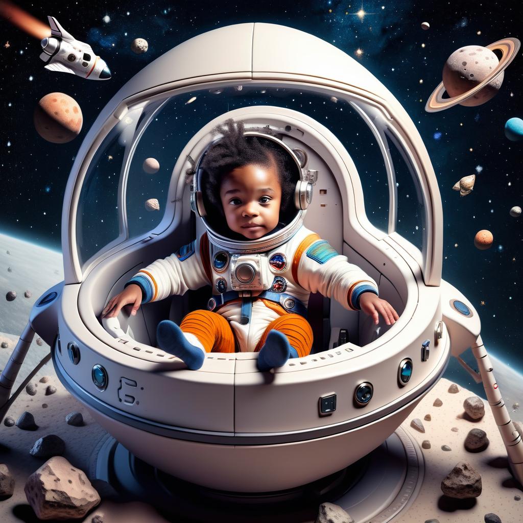  astronaut child flies in a small open spaceship among stars and asteroids