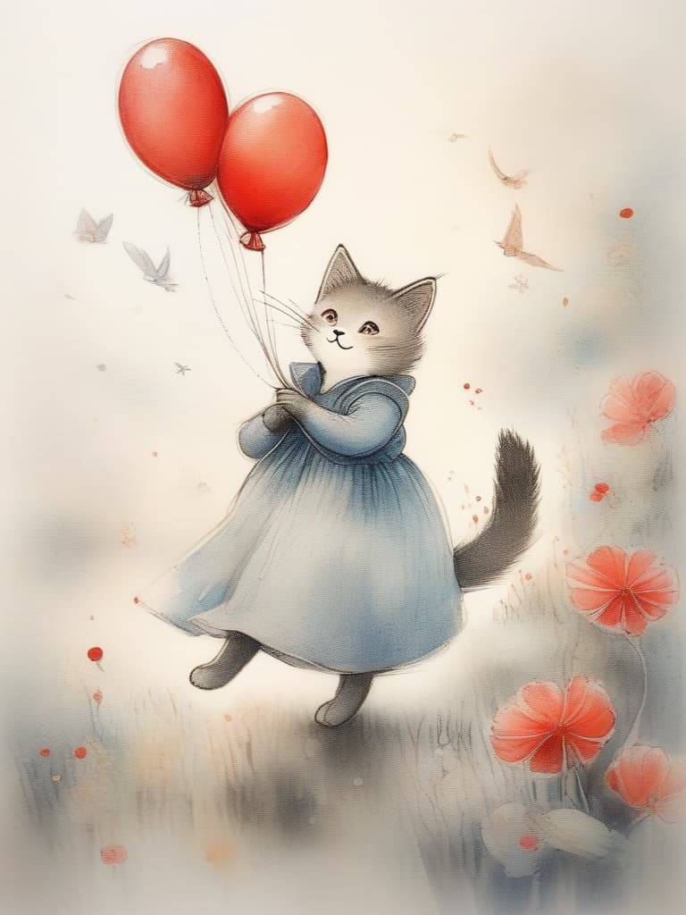  masterpiece,best work,a 猫 holding a red balloon🎈,smiling,fairy tale style,crayon drawing,gentle colors,delicate,detailed,