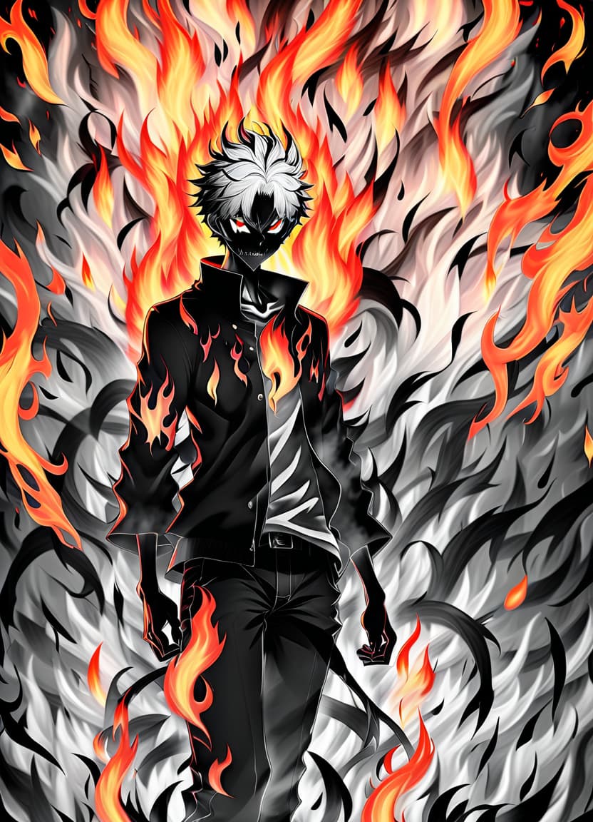  anime artwork make him a demon. he's engulfed in black and white flames. there's hell behind him. . anime style, key visual, vibrant, studio anime, highly detailed