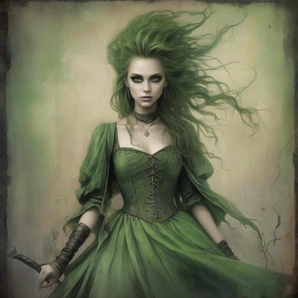  grunge style a painting of a woman in a green dress, very beautiful fantasy art, beautiful fantasy art portrait, beautiful fantasy painting, dramatic fantasy art, beautiful fantasy portrait, beautiful fantasy art, celtic fantasy art, fantasy art smug smile man, highly detailed fantasy art, gothic fantasy art, digital art fantasy art, fantasy victorian art, beautiful fantasy maiden, digital art fantasy, medieval fantasy art . textured, distressed, vintage, edgy, punk rock vibe, dirty, noisy