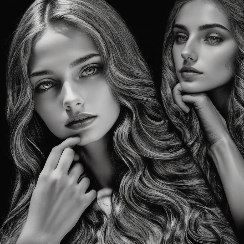  collage style a beautiful slavic woman with long wavy hair. (highest quality, super detailed: 1.3), (beautiful hands, perfect hands), official art, cinematic light, (1 girl:1.3), adult, hyperrealistic eyes, black background, sculpture, shading, porcelain skin, bold, multidimensional, rocco style shapes, . mixed media, layered, textural, detailed, artistic