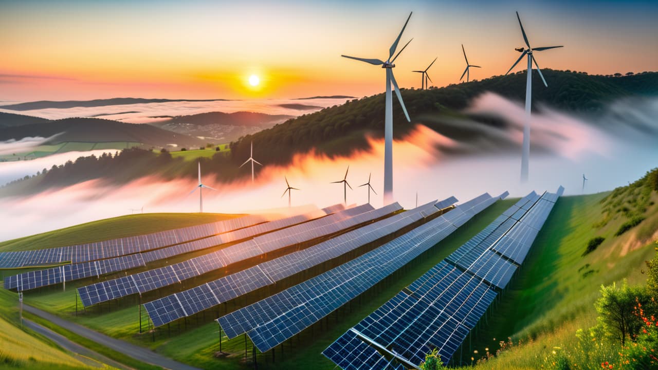  a vibrant landscape showcasing a solar farm with gleaming panels under a bright sun, wind turbines spinning gracefully on hills, and a lush green forest in the background, symbolizing harmony between nature and renewable energy. hyperrealistic, full body, detailed clothing, highly detailed, cinematic lighting, stunningly beautiful, intricate, sharp focus, f/1. 8, 85mm, (centered image composition), (professionally color graded), ((bright soft diffused light)), volumetric fog, trending on instagram, trending on tumblr, HDR 4K, 8K