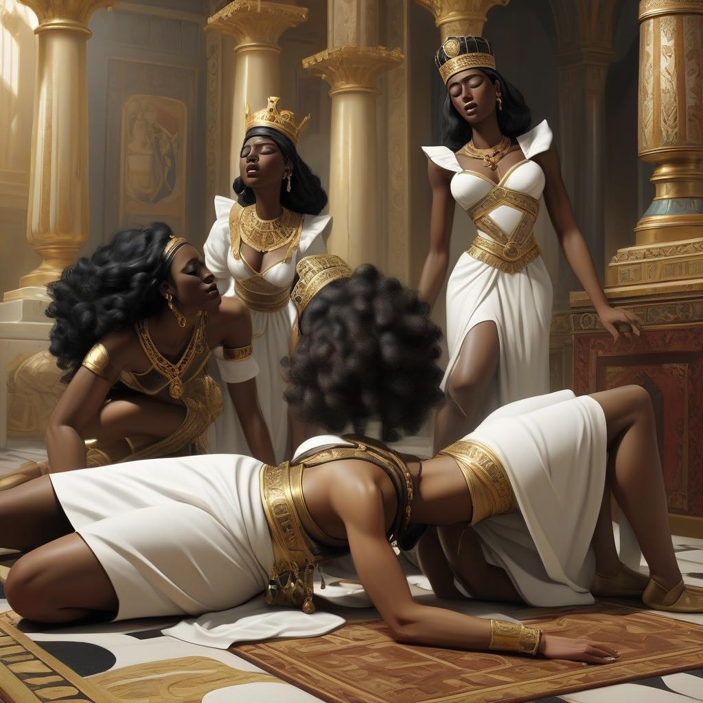  the queen of sheba fainted and lay unconscious on the floor, and two black maids bent over her and tried to bring her to her senses.