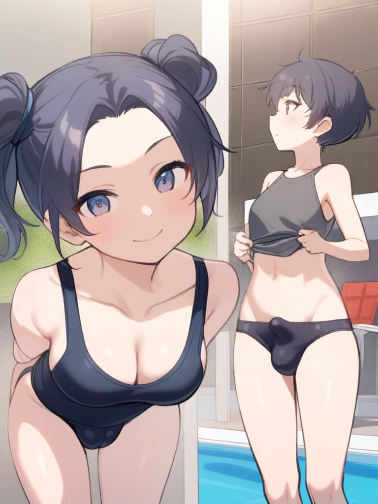  women's elementary students (male), twin tails, cute smiles, rich s, low stature, dark blue swimwear, old swimwear, , simple, , (bulge), male (bulging), front, whole body, pool side,