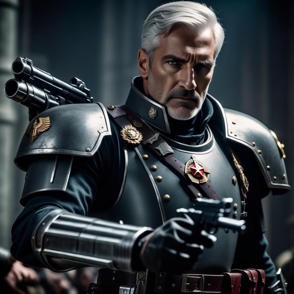  cinematic film still big cybernetic arm, officer of the imperial guard from warhammer 40,000, with gray hair and burns on his face and boltpistol in his arm . shallow depth of field, vignette, highly detailed, high budget, bokeh, cinemascope, moody, epic, gorgeous, film grain, grainy