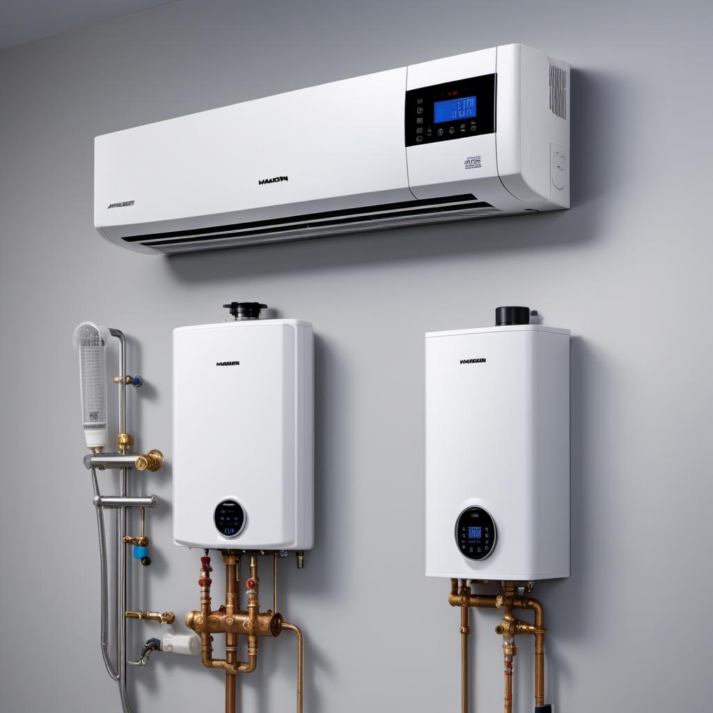  Pictures of Navien tankless water heaters, showcasing its sleek and compact design, including features like the control panel, heat exchanger, and recirculation pump. Emphasize the modern technology and ease of installation with detailed and clear visuals. Background should be a clean, professional setting, possibly a utility room or mechanical room. hyperrealistic, full body, detailed clothing, highly detailed, cinematic lighting, stunningly beautiful, intricate, sharp focus, f/1. 8, 85mm, (centered image composition), (professionally color graded), ((bright soft diffused light)), volumetric fog, trending on instagram, trending on tumblr, HDR 4K, 8K