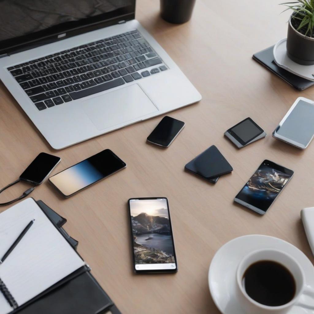  several gadgets (phone, laptop, tablet) are laid out on the table in the meeting room