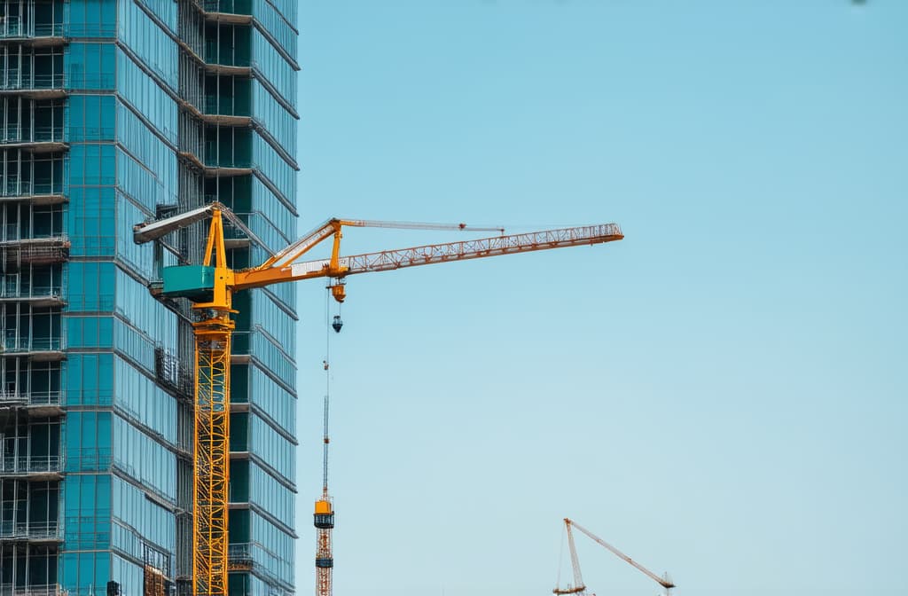  professional detailed photography, crane, construction site around skyscraper ar 3:2, (muted colors, dim colors, soothing tones), (vsco:0.3)