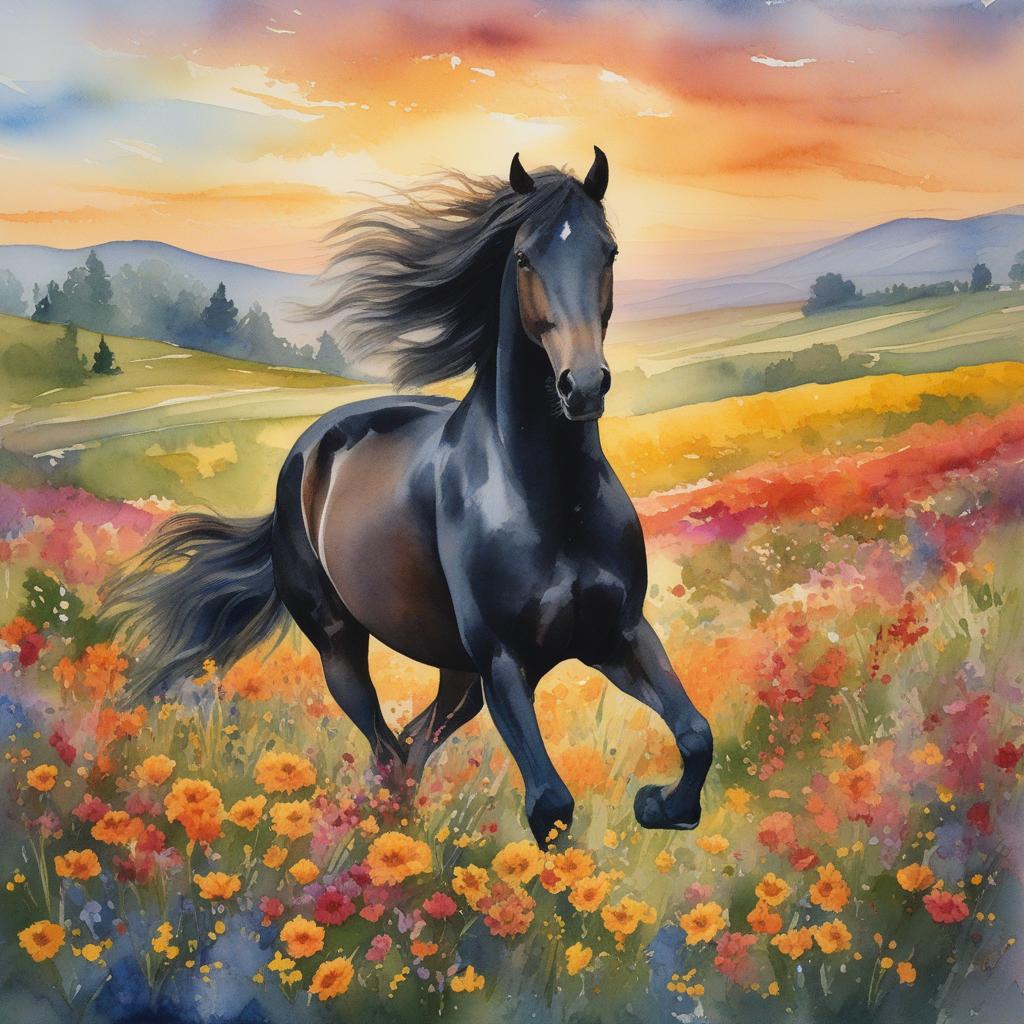  masterpiece, best quality, An elegant black horse galloping through a field of vibrant wildflowers under a golden sunset, its mane flowing in the wind. The environment is a picturesque countryside with rolling hills and a clear blue sky. The mood is one of freedom, beauty, and tranquility. Style: Watercolor painting. Realization: High-quality watercolor paper, fine brushes, and a soft color palette to capture the warmth of the sunset.