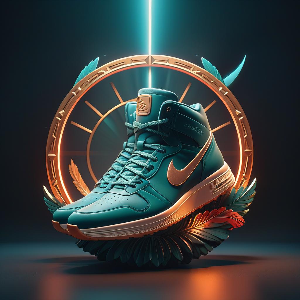  art deco style make an emblem with sneakers. . geometric shapes, bold colors, luxurious, elegant, decorative, symmetrical, ornate, detailed, logo hyperrealistic, full body, detailed clothing, highly detailed, cinematic lighting, stunningly beautiful, intricate, sharp focus, f/1. 8, 85mm, (centered image composition), (professionally color graded), ((bright soft diffused light)), volumetric fog, trending on instagram, trending on tumblr, HDR 4K, 8K