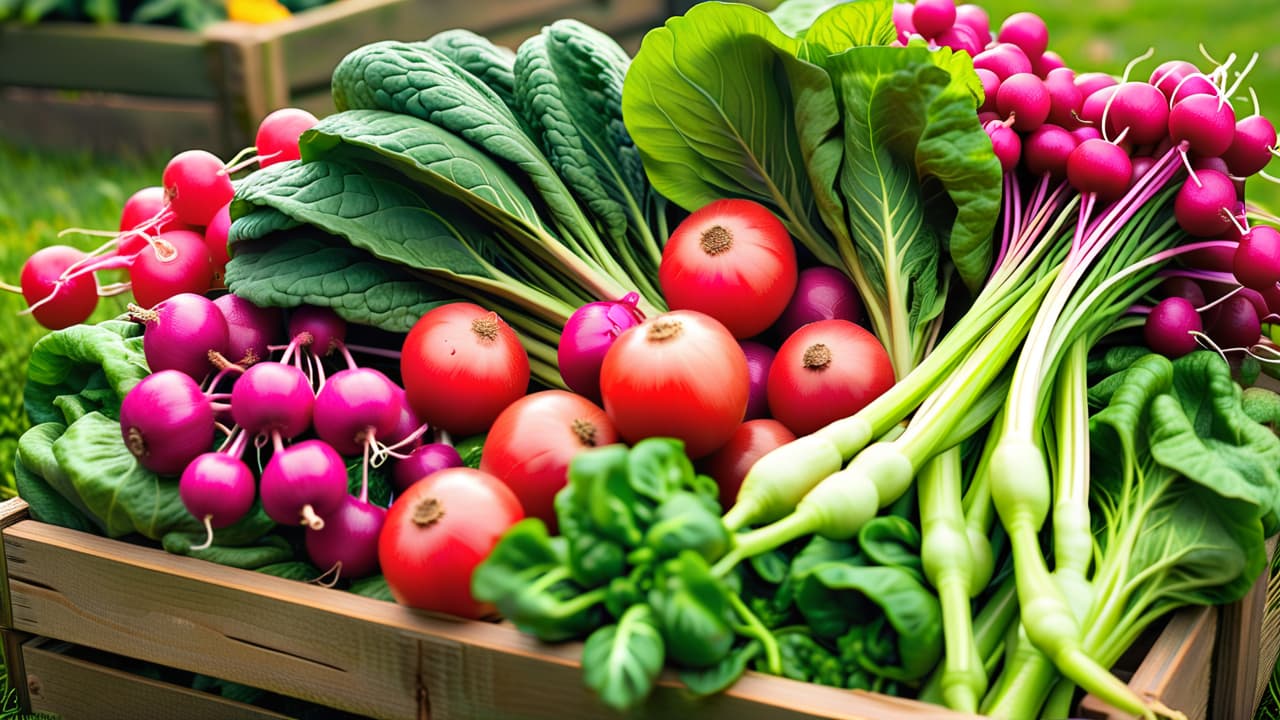  a vibrant garden scene showcasing a variety of lush, green vegetables such as kale, spinach, and radishes. include a rustic wooden crate filled with freshly harvested produce, surrounded by rich soil and colorful flowers. hyperrealistic, full body, detailed clothing, highly detailed, cinematic lighting, stunningly beautiful, intricate, sharp focus, f/1. 8, 85mm, (centered image composition), (professionally color graded), ((bright soft diffused light)), volumetric fog, trending on instagram, trending on tumblr, HDR 4K, 8K