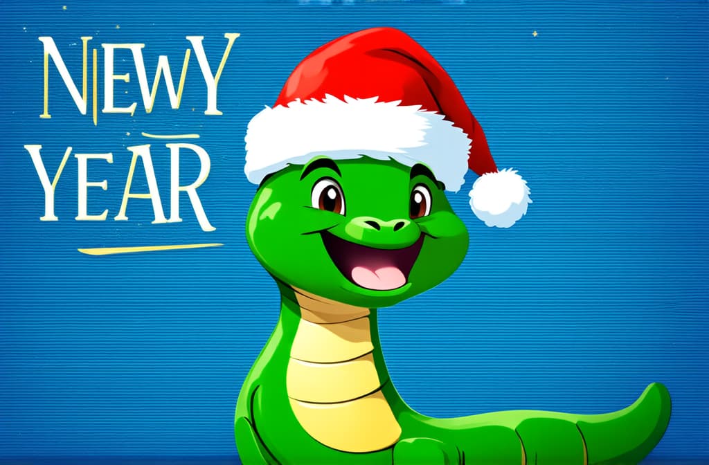  flat illustration, flaticon, (illustration:1.15), green funny snake in red santa hat looking at camera smiling widely on new year background ar 3:2, [cory loftis, strobist, pascal campion :: 0.2]