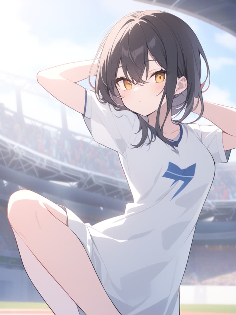  energetic and lively atmosphere: long and straight black haired people wear a white baseball shirt with blue letters to support the baseball cap and eager. cute poses, winks, and one arm are raised high. the scene is outdoor stadium, the background is a cool background of natural light, whole body,