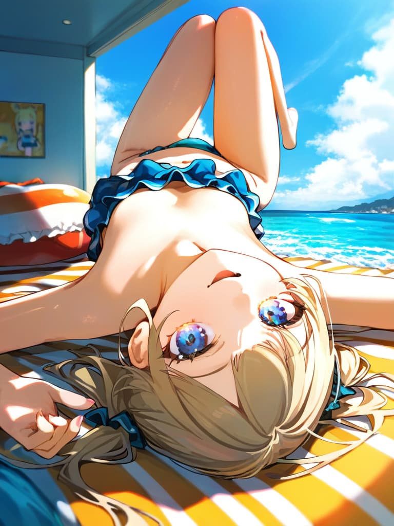  ultra detailed:1.2,masterpiece:1.2,best quality,masterpiece,bestquality,hdr:1.1,8k:1.1,very cute girl:1.3,(blue color,frill swimwear:1.6),(lying,at striped float bed on sea:1.8) ,smile:1.4 ,(blonde hair,twin tail,drill hair:1.3) ,(on the sea:1.7),cowboy shot:1.3,dutch angel:1.5,open mouth,(upside down:1.7)(from above:1.1)((eyes highlight:1.1))selfy