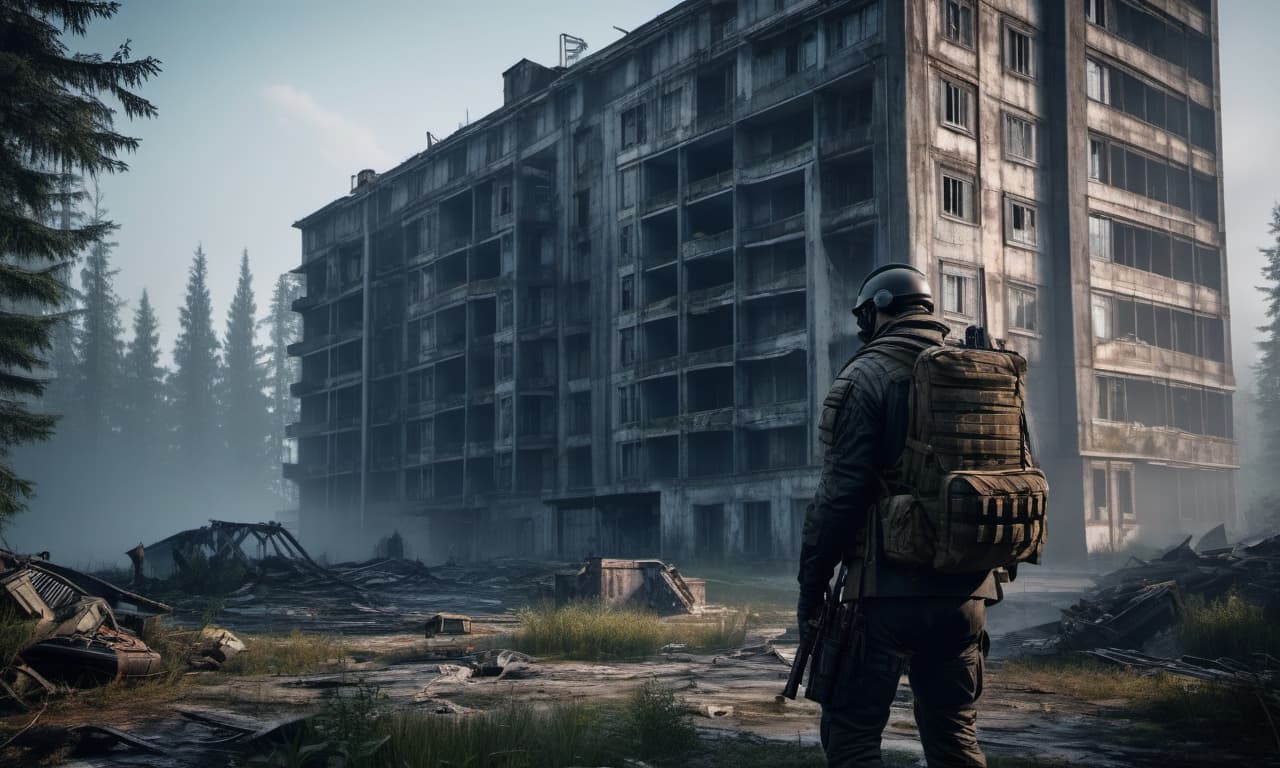  dystopian style escape from tarkov man with unit right behind the backpack's shoulders, next to the building in four floors and the lake forest . bleak, post apocalyptic, somber, dramatic, highly detailed hyperrealistic, full body, detailed clothing, highly detailed, cinematic lighting, stunningly beautiful, intricate, sharp focus, f/1. 8, 85mm, (centered image composition), (professionally color graded), ((bright soft diffused light)), volumetric fog, trending on instagram, trending on tumblr, HDR 4K, 8K