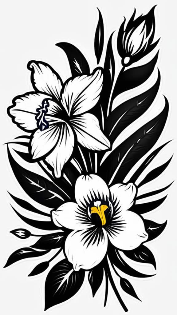  bouquet of flowers with iris, daisy and narcissus, (tattoo:1.15), black and white style, hq, hightly detailed, 4k