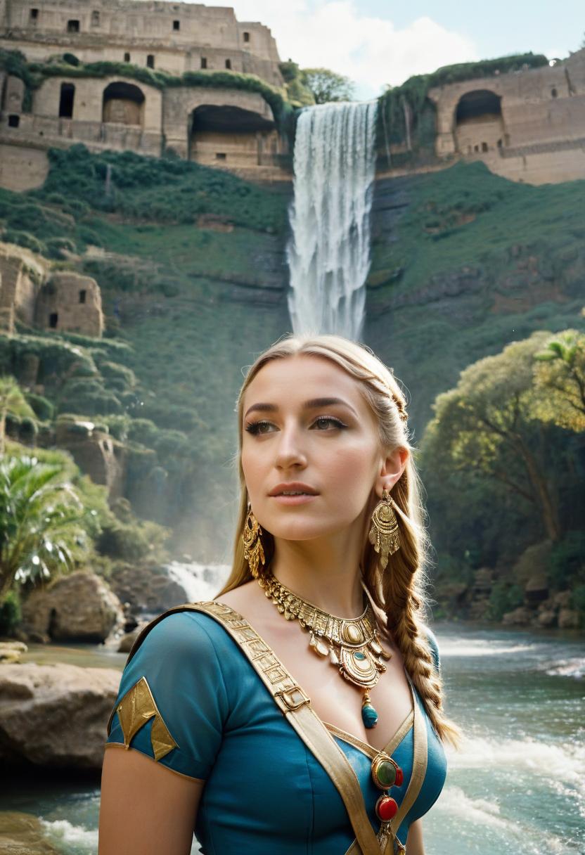  cinematic film still full growth cosplay of an elf fit girl, a fair haired girl similar to dani daniels, she's wearing outfit in the mix of ancient egypt and rome style, beautiful earrings, twiggy makeup, a waterfall in the background. . shallow depth of field, vignette, highly detailed, high budget, bokeh, cinemascope, moody, epic, gorgeous, film grain, grainy, film photography style