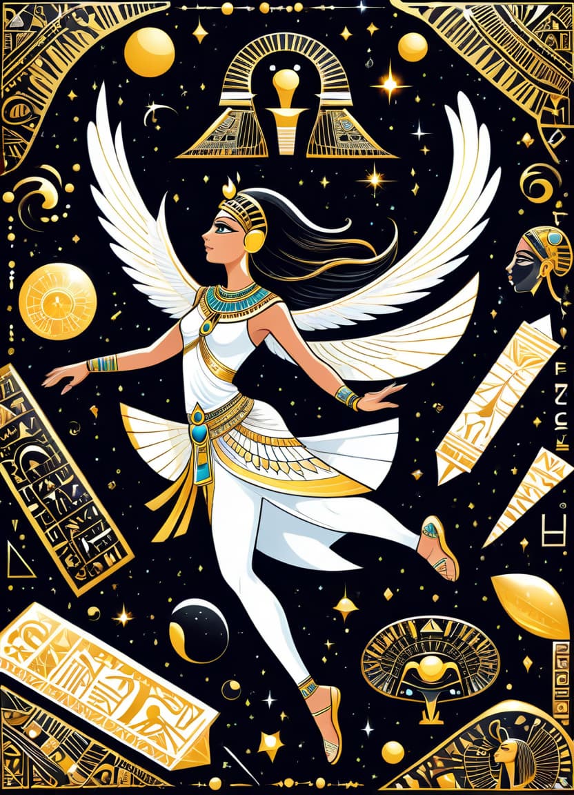  a humorous illustration. bright colors, cartoon style. on the black background, shiny contours outlines of silhouette of a egiptian girl made of egyptian hieroglyphs, (white color egyptian hieroglyphs:1.4), that float around him, flying clocks, frame with intricate thin ornamentation from comet, stars and cosmic dust: (thin: 1,4) lines,