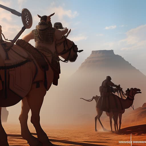  A guy in the desert with a camel. The guy has an AK 47 in his hands. And the camel has ammunition on its back hyperrealistic, full body, detailed clothing, highly detailed, cinematic lighting, stunningly beautiful, intricate, sharp focus, f/1. 8, 85mm, (centered image composition), (professionally color graded), ((bright soft diffused light)), volumetric fog, trending on instagram, trending on tumblr, HDR 4K, 8K