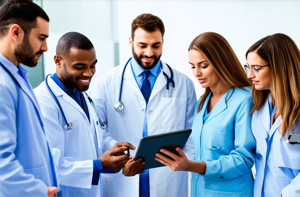  professional detailed photography, multiethnic doctors engaged in collaborative medical consultation, discuss patient disease diagnose or treatment plan, reviewing information, focusing on tablet. teamwork, modern tech in healthcare ar 3:2, (muted colors, dim colors, soothing tones), (vsco:0.3)