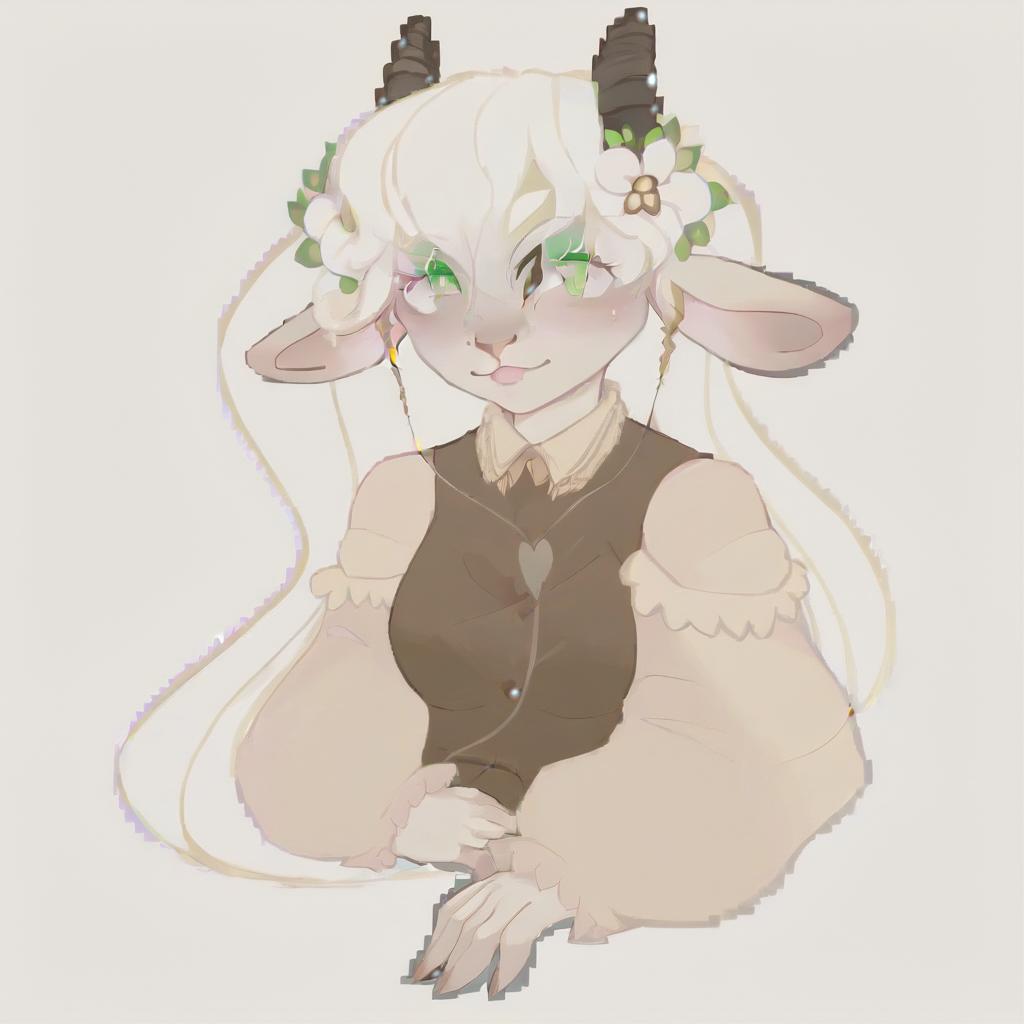  anthropomorphic goat, blonde, long hair, curls, bangs, dressed in fairy core style, green eyes. a picture is an avatar for vitubing, neutral color background, pink blush