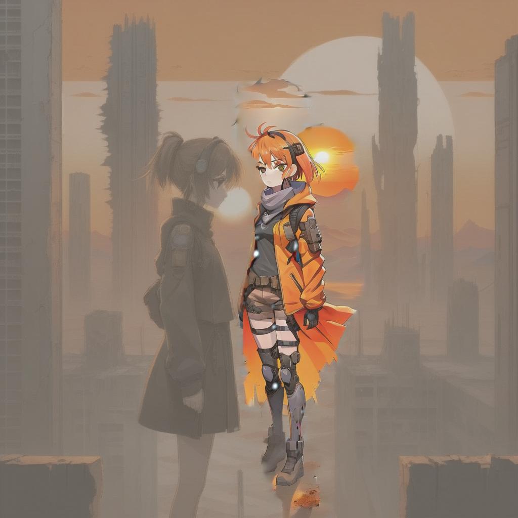  anime artwork anime image of a woman standing on the orange desert, in a post apocalyptic landscape with ruined buildings, cyberpunk art, the orange sunset . anime style, key visual, vibrant, studio anime, highly detailed