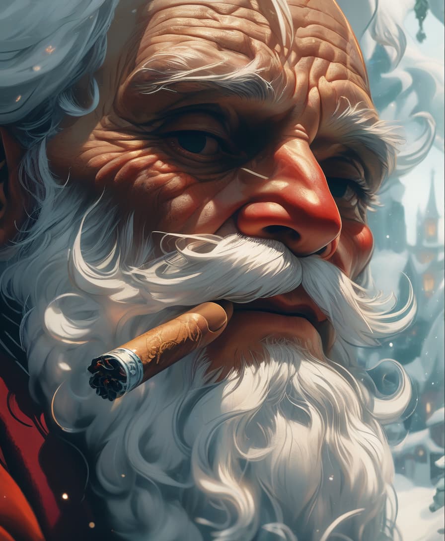  (intricate details:1.3) (old man:1.2) with a (smoky expression:1.1), (smoking a cigarette:1.2) in a cozy (armchair:1.1). his (long white beard:1.3) flows gracefully, and (twinkling eyes:1.2) reflect a sense of mischief. the background features (soft, glowing lights:1.3) and (ornate decorations:1.2) typical of a (fantasy winter scene:1.3). this (photorealistic portrait:1.2) captures the essence of (santa claus:1.3) in a (dreamy atmosphere:1.1), showcasing (vibrant colors:1.2) and (fine textures:1.3), reminiscent of (martin ansin's artwork:1.2), all rendered in (stunning 4k detail:1.3).