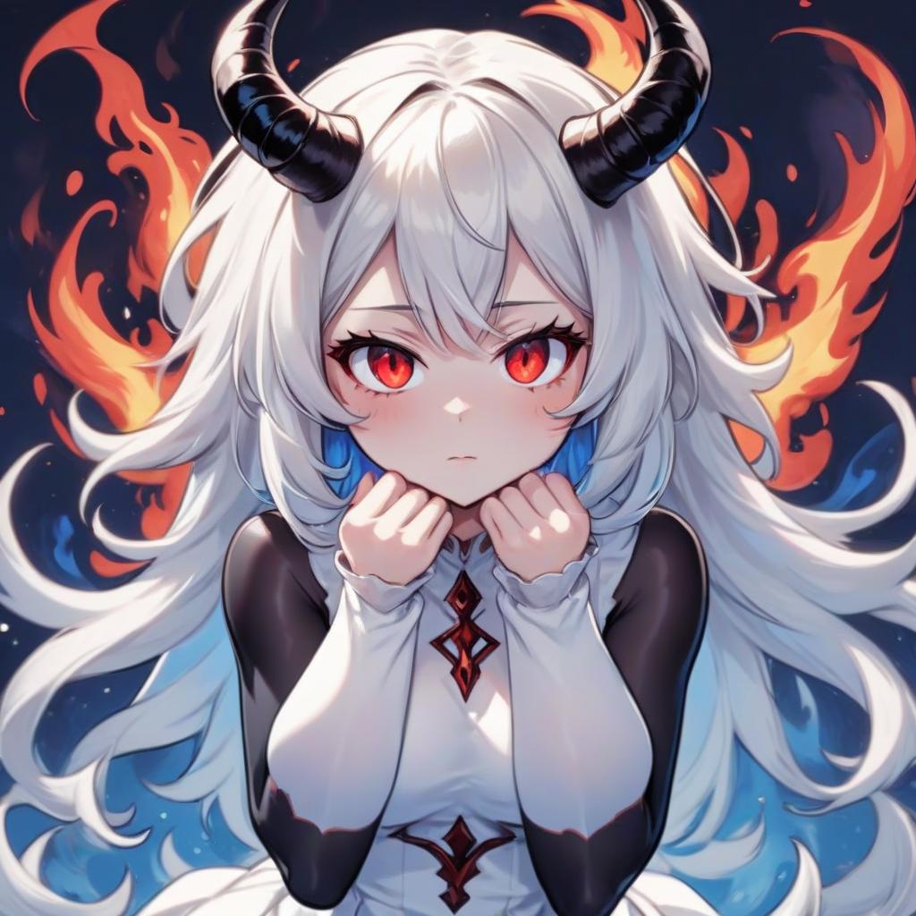  manga style girl in white dress, in black tights, horns on the head, white hair, red eyes, dark magic, beautiful even hands, blue flame from the hands, blue flame against the background . vibrant, high energy, detailed, iconic, japanese comic style, sticker