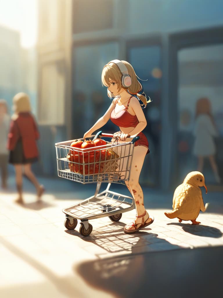  with tomatoes, shopping carts, blonde ponytails, white headphones, pressing shopping carts, snake tattoos on legs, whole body, walking figure, masterpiece, best quality,8k,ultra detailed,high resolution,an extremely delicate and beautiful,hyper detail