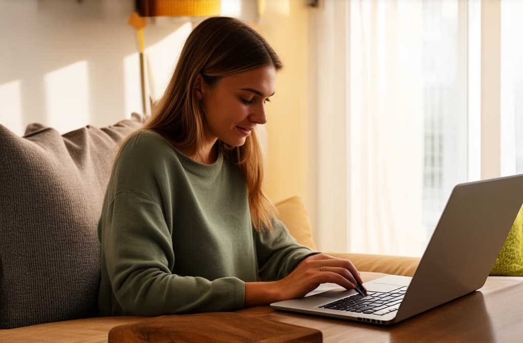  girl working on laptop at home, cozy home style, clear sunny weather ar 3:2, (natural skin texture), highly detailed face, depth of field, hyperrealism, soft light, muted colors