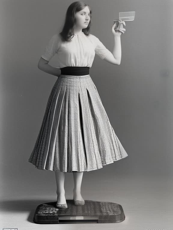  the photo was taken from the view of the scales on which a woman in a skirt is standing and weighing herself