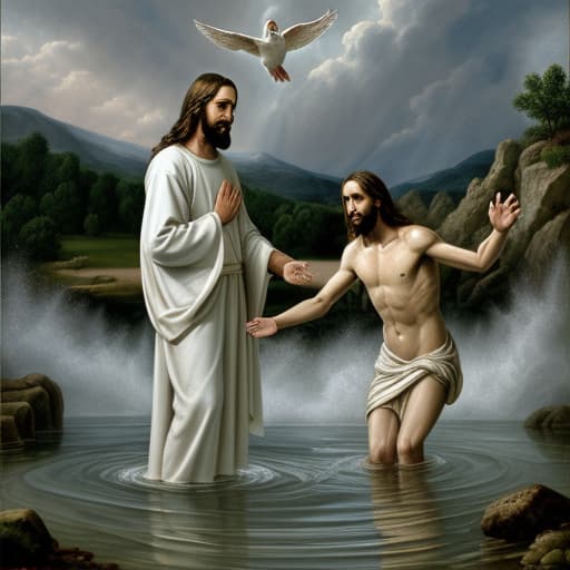  Jesus’s Baptism With The Dove And the heavens opened Jesus and John The Baptist standing in the water