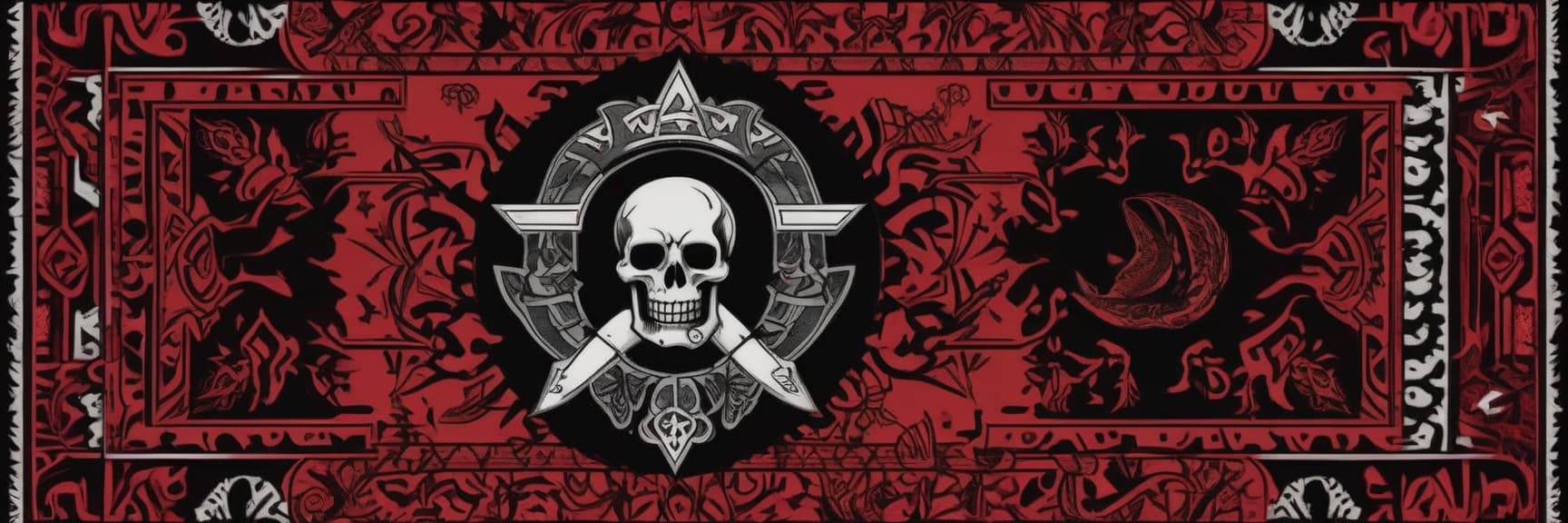  macabre style tattoo cover on the background of soviet patterned carpet in red black tones . dark, gothic, grim, haunting, highly detailed