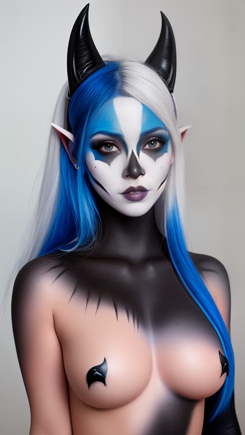  Black and blue bat-shaped body paint in every corner of the whole body, White body paint all over the body, grey face paint on the face, Dark elf,full body image female